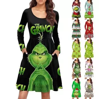 Женское повседневное платье с круглым вырезом и длинными рукавами, рождественский принт, свободное плиссированное платье на талии XXL