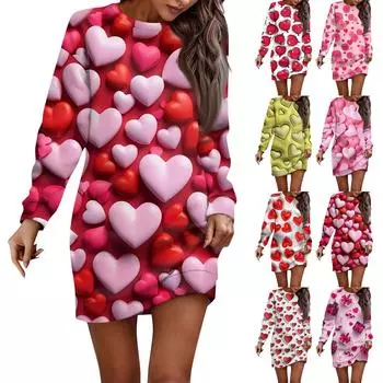 Женское повседневное платье с круглым вырезом и длинными рукавами на День святого Валентина для пар L горячий розовый