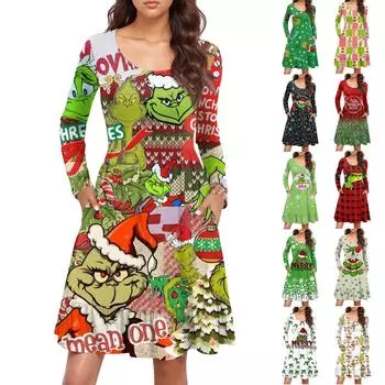 Женское повседневное платье с круглым вырезом и длинными рукавами, рождественский принт, свободное плиссированное платье на талии M
