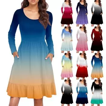 Женское повседневное платье с круглым вырезом и длинными рукавами, с принтом, со свободной талией, плиссированное платье XXXL синий