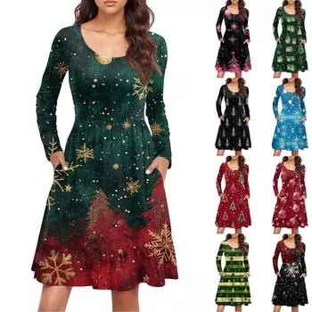 Женское повседневное платье с круглым вырезом и длинными рукавами, плиссированное платье со свободной талией L красный