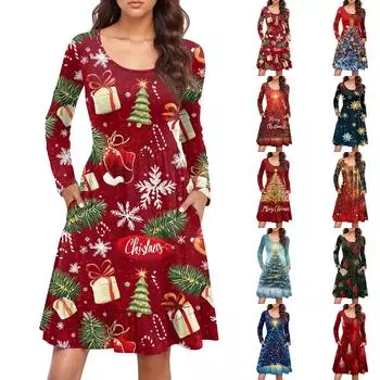 Женское повседневное платье с круглым вырезом и длинными рукавами, плиссированное платье со свободной талией L винный