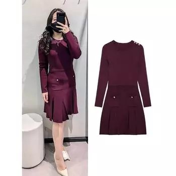 Женское повседневное платье с круглым вырезом и длинными рукавами, однотонное трикотажное платье, осенняя мода, карманы, пуговицы, плиссированные платья А-силуэта M бордовый