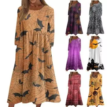 Женское повседневное платье с круглым вырезом и длинными рукавами с принтом на Хэллоуин и карманами XL