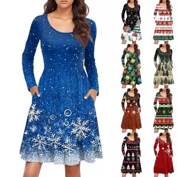 Женское повседневное платье с круглым вырезом и длинными рукавами, плиссированное платье со свободной талией XXL зелёный