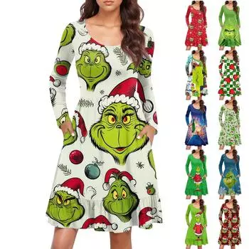 Женское повседневное платье с круглым вырезом и длинными рукавами, рождественский принт, свободное плиссированное платье на талии S