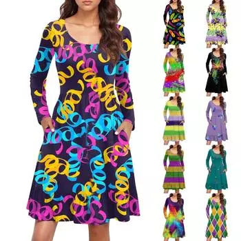 Женское повседневное платье с круглым вырезом и длинными рукавами, карнавальный узор, свободная талия, плиссированное платье XL