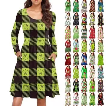 Женское повседневное платье с круглым вырезом и длинными рукавами, рождественский принт, свободное плиссированное платье на талии L циан