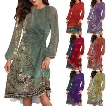 Женское повседневное платье с круглым вырезом и длинными рукавами, свободное плиссированное платье на талии L