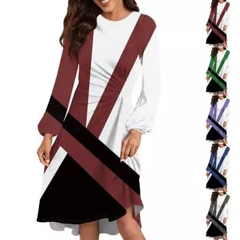 Женское повседневное платье с круглым вырезом и длинными рукавами, свободное плиссированное платье на талии L армия зеленый