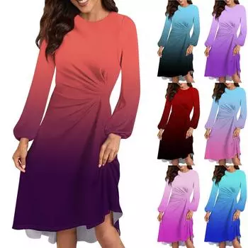 Женское повседневное платье с круглым вырезом и длинными рукавами, свободное плиссированное платье на талии L горячий розовый