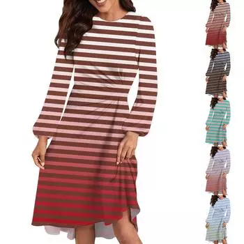 Женское повседневное платье с круглым вырезом и длинными рукавами, свободное плиссированное платье на талии L синий