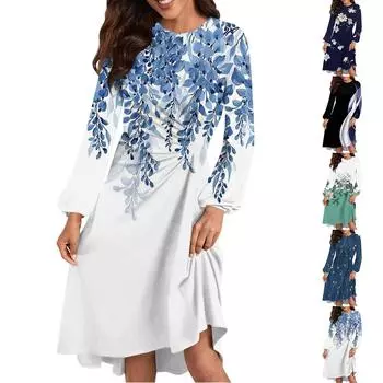 Женское повседневное платье с круглым вырезом и длинными рукавами, свободное плиссированное платье на талии L чёрный