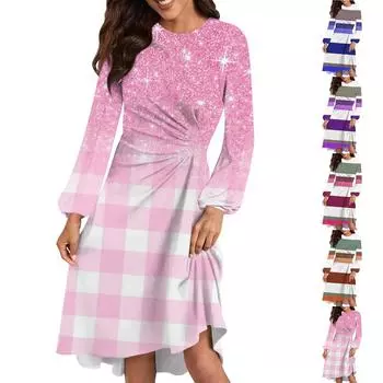 Женское повседневное платье с круглым вырезом и длинными рукавами, свободное плиссированное платье на талии L синий