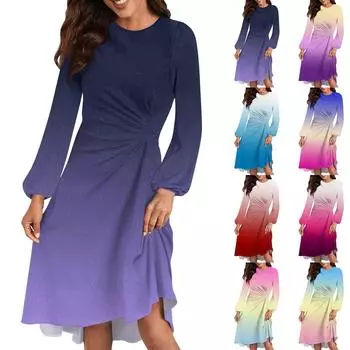 Женское повседневное платье с круглым вырезом и длинными рукавами, свободное плиссированное платье на талии L темно-фиолетового