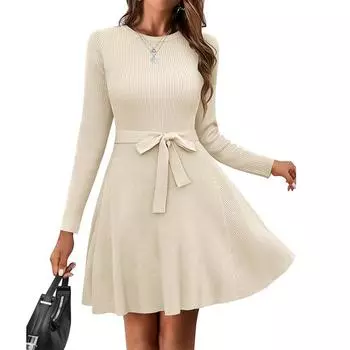 Женское повседневное платье с круглым вырезом, завязывающимся на талии, осеннее ребристое платье с поясом, длинными рукавами, А-силуэт, струящееся платье-свитер S абрикосовый