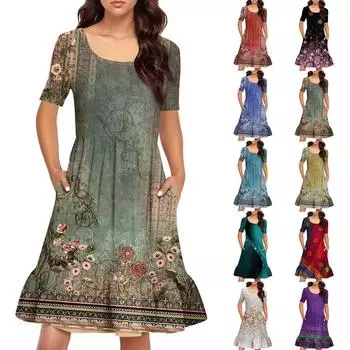 Женское повседневное платье с круглым вырезом и короткими рукавами. Платье со свободной талией и складками. Платье с складками на талии. L армия зеленый