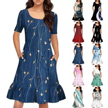 Женское повседневное платье с круглым вырезом и короткими рукавами. Платье со свободной талией и складками. Платье с складками на талии. L чёрный