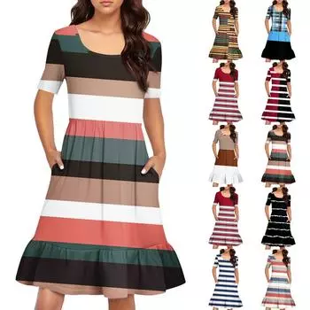 Женское повседневное платье с круглым вырезом и короткими рукавами Платье со складками на талии Платье с складками на талии L чёрный