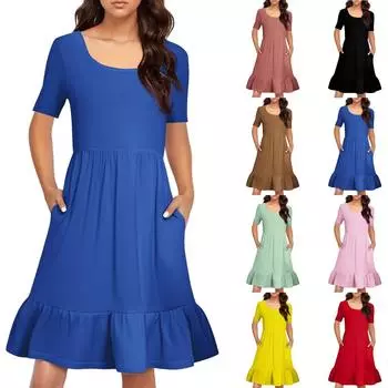 Женское повседневное платье с круглым вырезом и короткими рукавами, однотонное свободное платье с плиссировкой на талии L чёрный