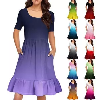 Женское повседневное платье с круглым вырезом и короткими рукавами Платье со складками на талии Платье с складками на талии L горячий розовый