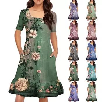 Женское повседневное платье с круглым вырезом и короткими рукавами. Платье со свободной талией и складками. Платье с складками на талии. M