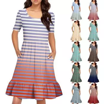 Женское повседневное платье с круглым вырезом и короткими рукавами Платье со складками на талии Платье с складками на талии S