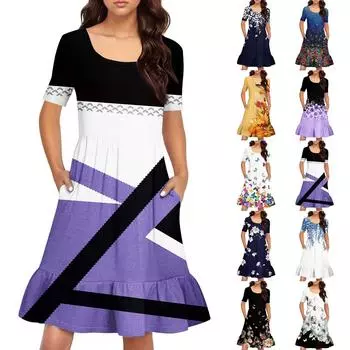 Женское повседневное платье с круглым вырезом и короткими рукавами. Платье со свободной талией и складками. Платье с складками на талии. L