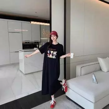 Женское повседневное платье с круглым вырезом и короткими рукавами с рисунком из мультфильмов, летнее платье средней длины с разрезом M чёрный