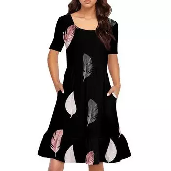 Женское повседневное платье с круглым вырезом и короткими рукавами. Платье со свободной талией и складками. Платье с складками на талии. S