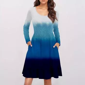 Женское повседневное платье с круглым вырезом и длинными рукавами, с принтом, со свободной талией, плиссированное платье S красный