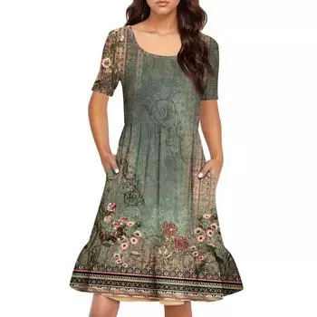 Женское повседневное платье с круглым вырезом и короткими рукавами. Платье со свободной талией и складками. Платье с складками на талии. S