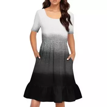 Женское повседневное платье с круглым вырезом и короткими рукавами Платье со складками на талии Платье с складками на талии S синий