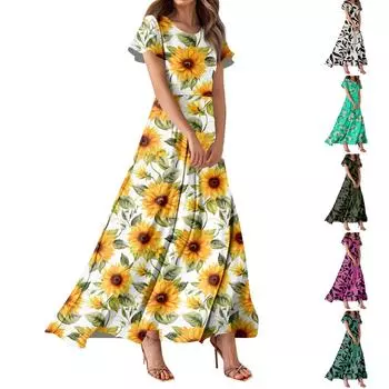 Женское повседневное платье с круглым вырезом и коротким рукавом в стиле бохо с принтом и высокой талией, элегантное платье M хаки