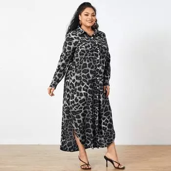 Женское повседневное платье с лацканами и длинными рукавами с леопардовым принтом S серый