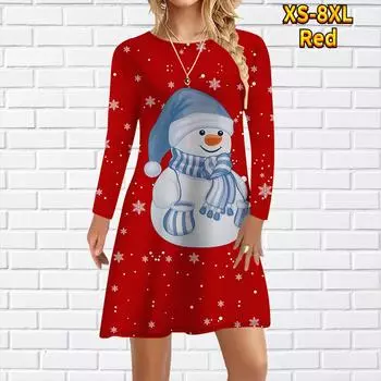 Женское повседневное платье с милым принтом снеговика, платья для женщин с круглым вырезом и коротким рукавом, платье больших размеров XS красный