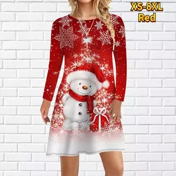 Женское повседневное платье с милым принтом снеговика, платья для женщин с круглым вырезом и коротким рукавом, платье больших размеров XS красный