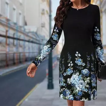 Женское повседневное платье с осенним цветочным принтом Платья для женщин с круглым вырезом и короткими рукавами Платье размера плюс XS красный