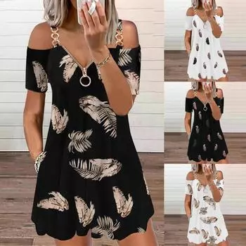 Женское повседневное платье с открытыми плечами и короткими рукавами на молнии с V-образным вырезом и принтом перьев L чёрный
