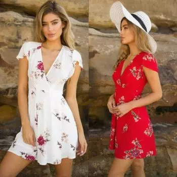 Женское повседневное платье с поясом, платье с коротким рукавом и глубоким v-образным вырезом с цветочным принтом, летнее богемное платье для пляжа, отпуска S красный
