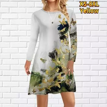 Женское повседневное платье с принтом бабочки маслом Платья для женщин с круглым вырезом и коротким рукавом Платье размера плюс XS жёлтый