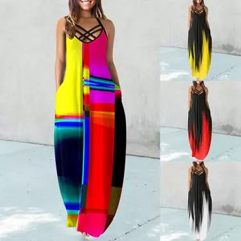 Женское повседневное платье с принтом без рукавов с круглым вырезом и перекрестным ремешком плюс размер с двойным карманом S красный