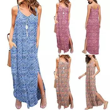 Женское повседневное платье с принтом больших размеров, длинное платье на бретельках с прорезными карманами S синий