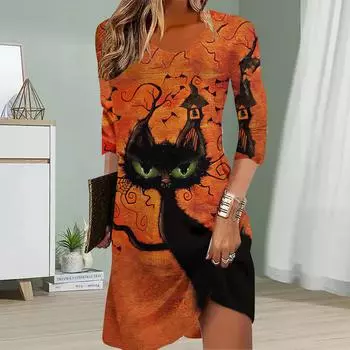 Женское повседневное платье с принтом «черная кошка» для женщин с круглым вырезом и коротким рукавом, платье размера плюс XS чёрный