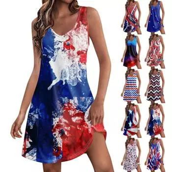 Женское повседневное платье с принтом для независимого дня, жилет с v-образным вырезом и пляжное платье с карманами L синий