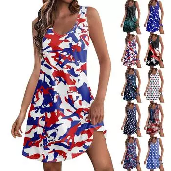 Женское повседневное платье с принтом для независимого дня, жилет с v-образным вырезом и пляжное платье с карманами L чёрный