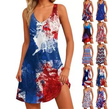 Женское повседневное платье с принтом для независимого дня, жилет с v-образным вырезом и пляжное платье с карманами XXXL синий