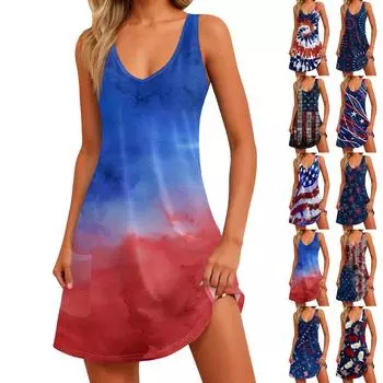 Женское повседневное платье с принтом для независимого дня, жилет с v-образным вырезом и пляжное платье с карманами XXXL
