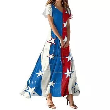 Женское повседневное платье с принтом флага Дня независимости, V-образным вырезом, короткими рукавами и высокой талией L синий