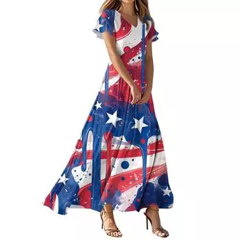 Женское повседневное платье с принтом флага Дня независимости, V-образным вырезом, короткими рукавами и высокой талией L синий